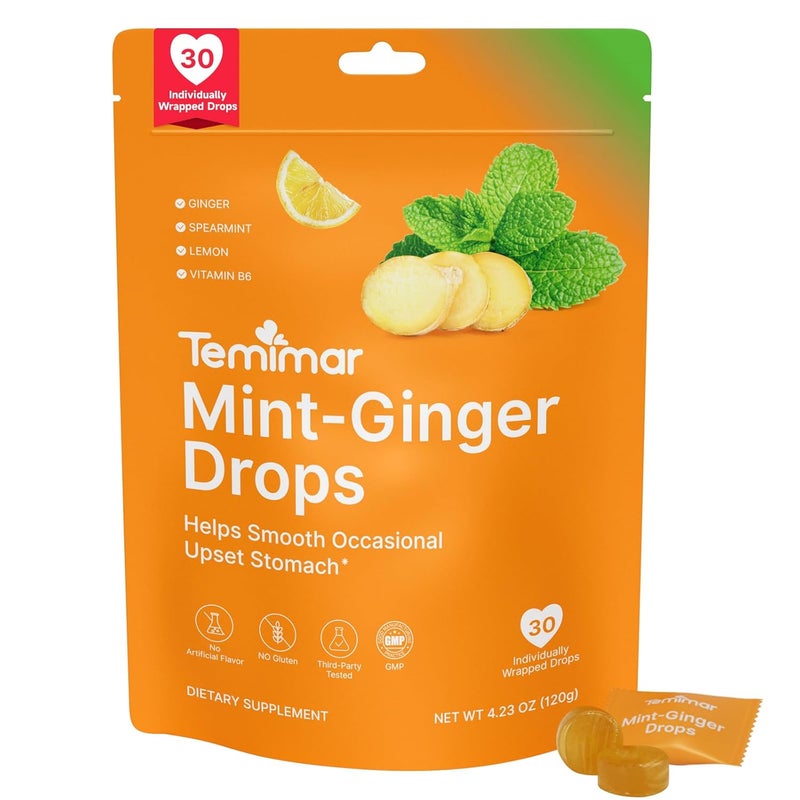 Temimar Mint-Ginger Drops for Nausea Relief, Smooth Upset Stomach, Motion & Morning Sickness Relief, with Ginger, Lemon, Spearmint & Vitamin B6, 30 Individually Wrapped Candies - Image 1